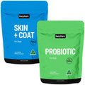 Two stand-up pouches of Petz Park dog supplements on a white background: a blue pouch labeled SKIN + COAT and a green pouch labeled PROBIOTIC.