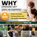 Promotional image for a pet product brand with a dog and text about honesty, transparency, and customer trust.