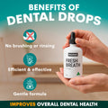 Hand holding a bottle of Petz Park Fresh Breath dental drops with text highlighting benefits on a blurred background.