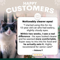 Cat with testimonial about product for eye clarity, featuring a brand logo.