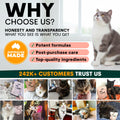 Promotional graphic for a pet product brand with a cat and text about honesty, transparency, and customer trust.