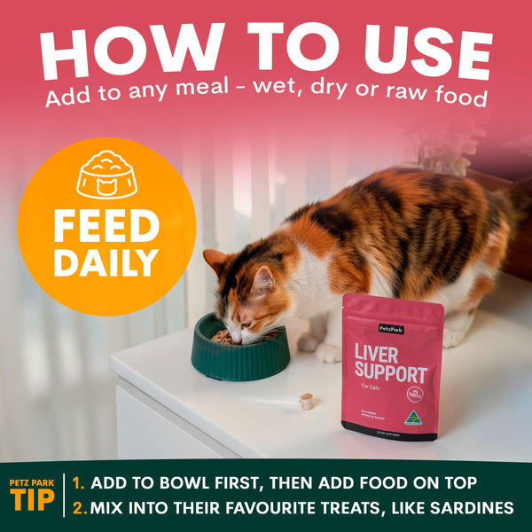 Cat eating from a bowl with liver support supplement and instructions on how to use it.