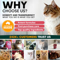 Advertisement for a pet product brand with a cat and text about honesty, transparency, and customer trust.