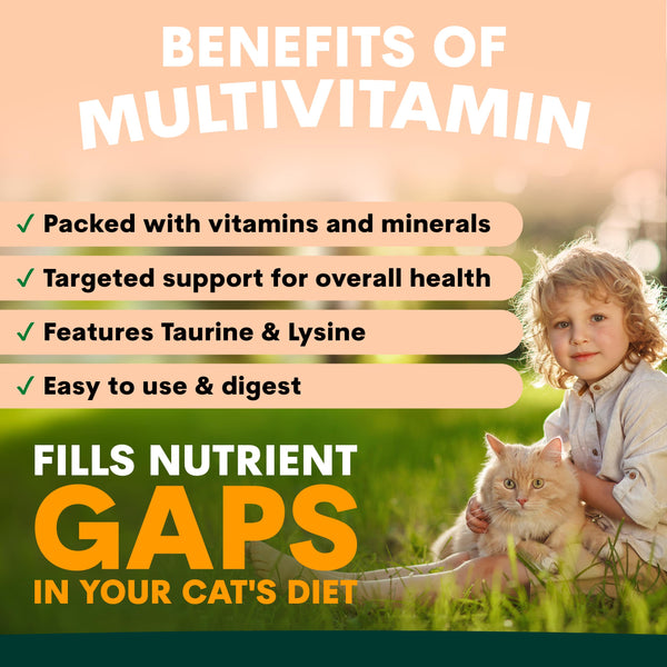 Child holding a cat with text about the benefits of multivitamins for cats.