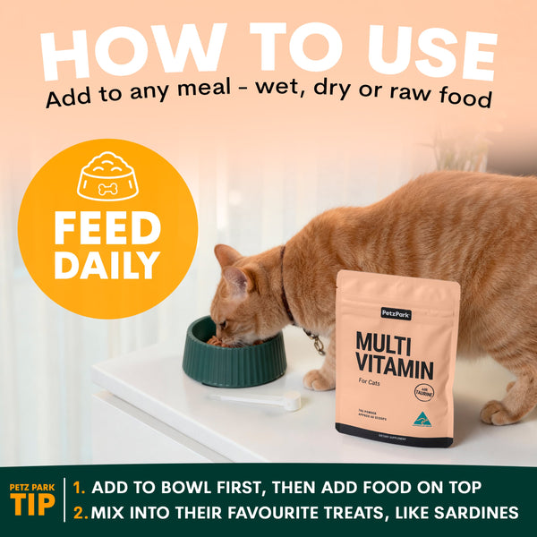Cat eating from a bowl with a multivitamin supplement and instructions on how to use it.