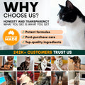 Advertisement for a pet product brand with a collage of cats and text about honesty, transparency, and customer trust.