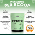 Green probiotic supplement package with text detailing ingredients and CFU count on a light green background