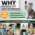 Promotional graphic for a pet product brand with images of cats and text highlighting features and customer trust.