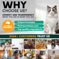 Promotional graphic for a pet product brand with a cat and text about honesty, transparency, and customer trust.