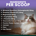 Cat sitting on a mat with a list of ingredients per scoop displayed above it.