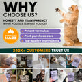 Promotional graphic for a pet product brand with a cat and text about honesty, transparency, and customer trust.