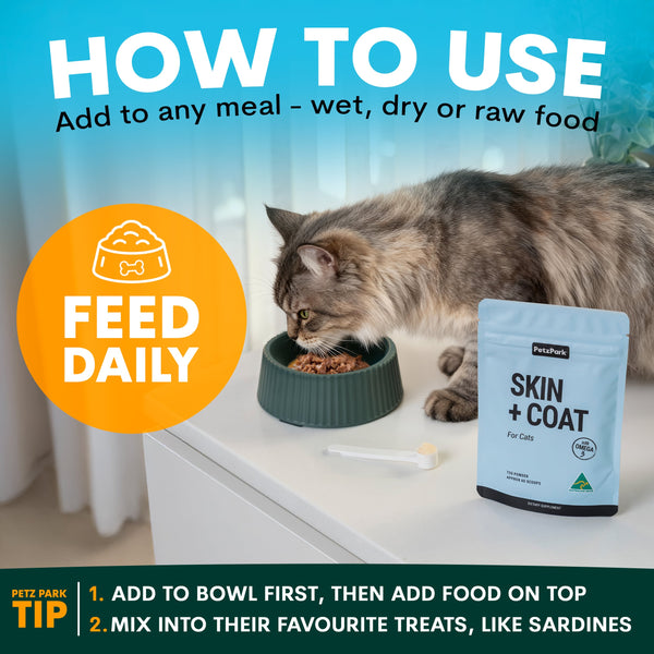 Cat eating from a bowl with Petz Park cat food packaging, instructions on how to use the product.