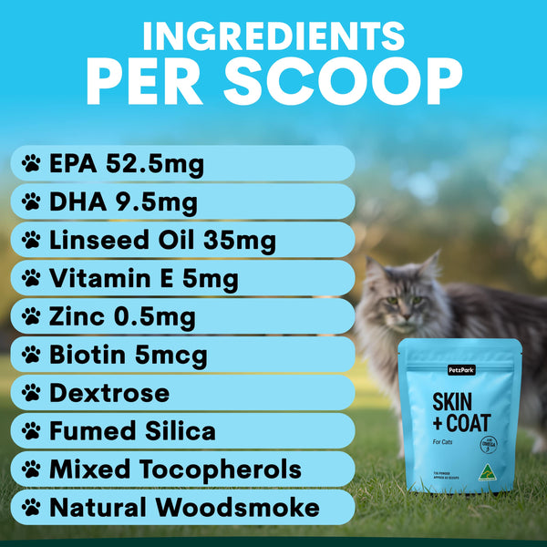 Cat supplement packaging with ingredient list and cat in the background
