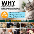 Promotional graphic for a pet product brand with images of cats and text about honesty, transparency, and customer trust.