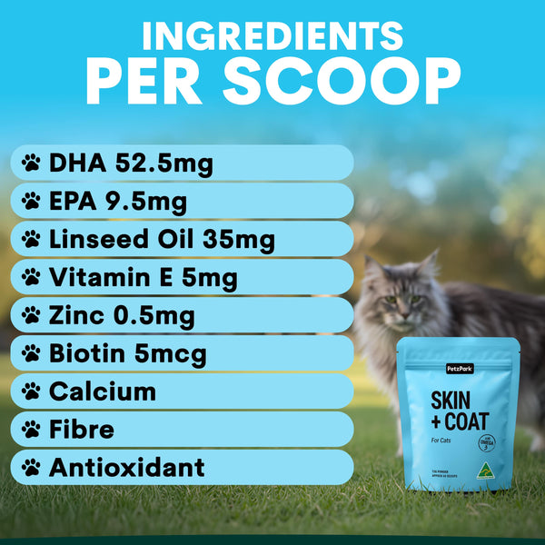 Cat supplement packaging with ingredient list and cat in the background