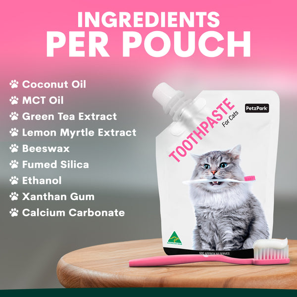 Cat toothpaste pouch with ingredients listed on a pink and gray background