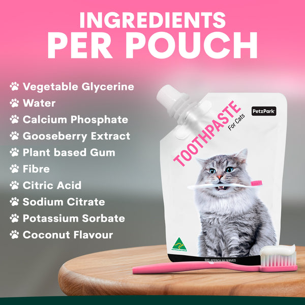 Cat toothpaste pouch with ingredients listed on a pink background