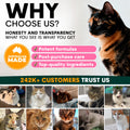 Advertisement for a pet product brand featuring cats and text about honesty, transparency, potent formulas, post-purchase care, top-quality ingredients, and customer trust.