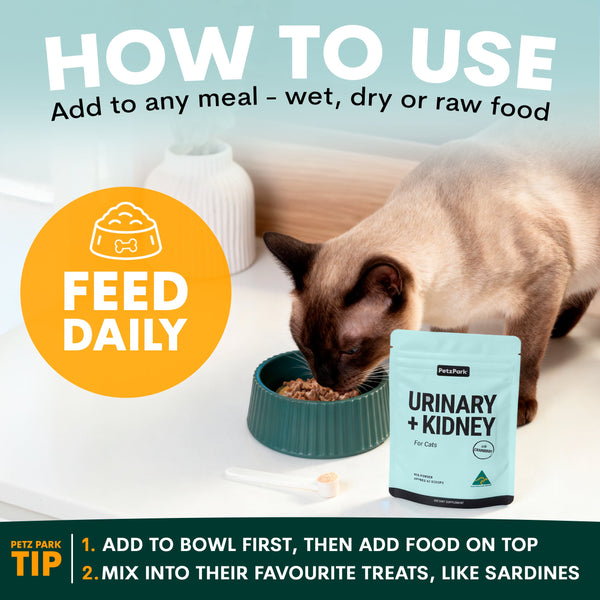 Cat eating from a bowl with a package of Petz Park Urinary & Kidney support food, and text on how to use it.