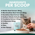 A cat is shown eating from a bowl while a human hand holds a spoon with food. The image includes large text reading 'INGREDIENTS PER SCOOP' and a list of ingredients including Nettle Seed Extract, Marshmallow Root Extract, Dandelion Root Extract, Sodium Citrate Anhydrous, Cranberry Extract, D-Mannose, Zeolite, Fibre, and Fish Flavour.