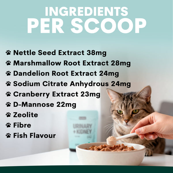 A cat is shown eating from a bowl while a human hand holds a spoon with food. The image includes large text reading 'INGREDIENTS PER SCOOP' and a list of ingredients including Nettle Seed Extract, Marshmallow Root Extract, Dandelion Root Extract, Sodium Citrate Anhydrous, Cranberry Extract, D-Mannose, Zeolite, Fibre, and Fish Flavour.
