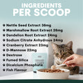 Cat food with a list of ingredients per scoop and a cat looking at the camera.