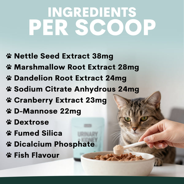 Cat food with a list of ingredients per scoop and a cat looking at the camera.