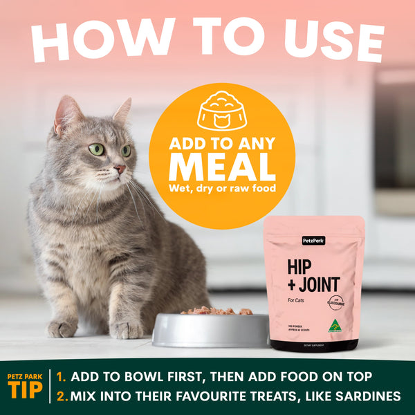 Cat sitting next to a pink 'Hip + Joint' supplement package with text on how to use it.