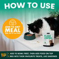 Cat eating from a bowl with Plaque Control for cats packaging and text on how to use it.