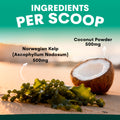 Ingredients per scoop with Norwegian Kelp and Coconut Powder on a beach background