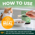 Cat looking at a bowl with probiotic powder being added, with text on how to use probiotics for cats.