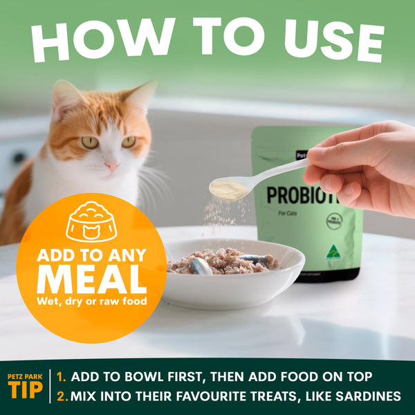 Cat looking at a bowl with probiotic powder being added, with text on how to use probiotics for cats.