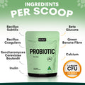 Cat probiotic supplement package with ingredients listed on a light green background