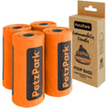 Four rolls of PetzPark poop bags for cats with a cardboard box packaging on a white background