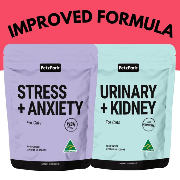 Two Petz Park cat dietary supplement packages for stress, anxiety, urinary, and kidney support on a pink and white background.