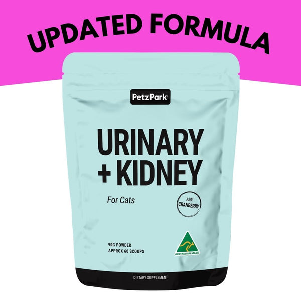 Petz Park Urinary + Kidney dietary supplement pouch for cats, featuring a light blue pouch with black text and a pink banner at the top reading 'UPDATED FORMULA'.