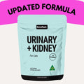Petz Park Urinary + Kidney dietary supplement pouch for cats, featuring a light blue pouch with black text and a bright pink banner at the top reading 'UPDATED FORMULA'.