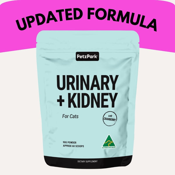 Petz Park Urinary + Kidney dietary supplement pouch for cats, featuring a light blue pouch with black text and a bright pink banner at the top reading 'UPDATED FORMULA'.