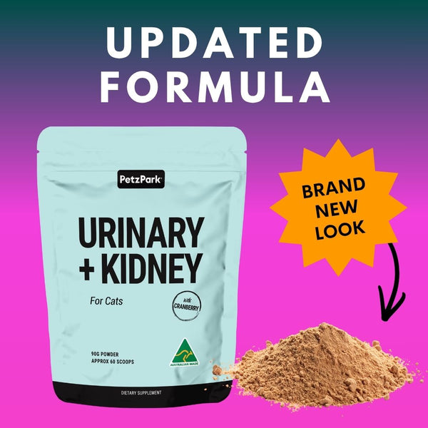 Petz Park Urinary + Kidney dietary supplement pouch for cats, shown with a pile of tan powder and promotional text on a pink-to-purple gradient background.