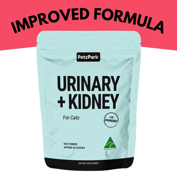 Petz Park urinary and kidney supplement for cats with a pink background and 'Improved Formula' text.