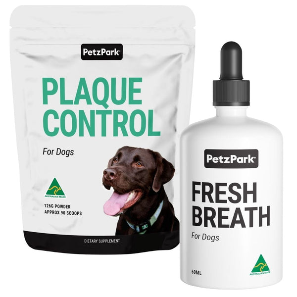 Dental Duo supplements for dogs act as a brushless toothpaste, featuring white packaging with a black dog photo.