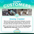 Product review graphic with 'Before' and 'After' images of a dog's paws, customer testimonial, and brand logo.
