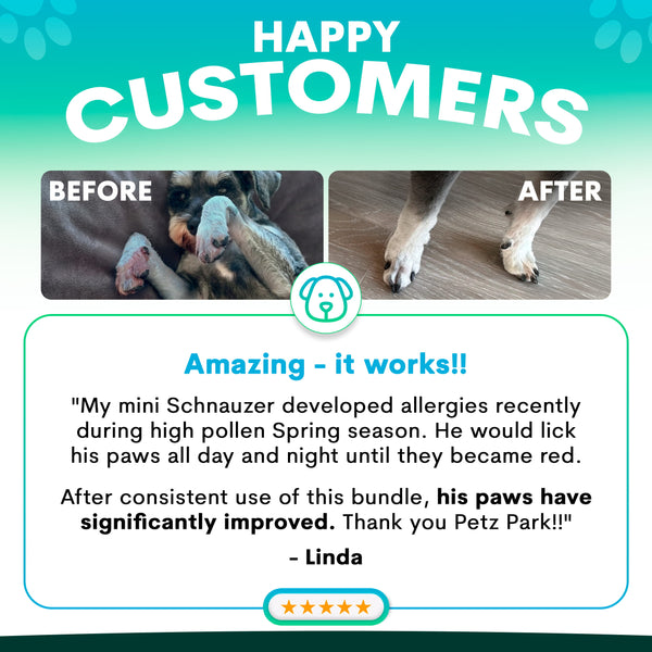 Product review graphic with 'Before' and 'After' images of a dog's paws, customer testimonial, and brand logo.