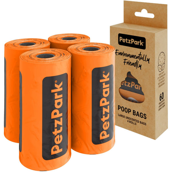 Four rolls of PetzPark poop bags with a cardboard box packaging on a white background