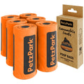 Orange rolls of PetzPark poop bags with a cardboard box packaging on a white background
