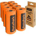 Multiple rolls of PetzPark poop bags with a cardboard box packaging on a white background