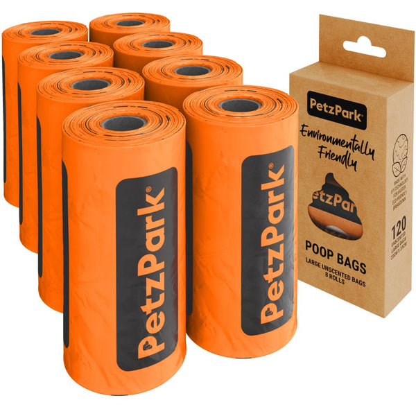 Multiple rolls of PetzPark poop bags with a cardboard box packaging on a white background