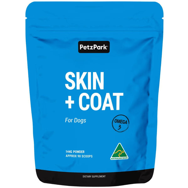 Blue package of Petz Park Skin + Coat supplement for dogs on a white background