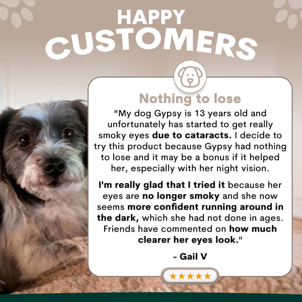 Dog with text about customer satisfaction and product effectiveness
