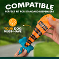 Orange and blue pet product dispenser held by a hand with text indicating compatibility and features.